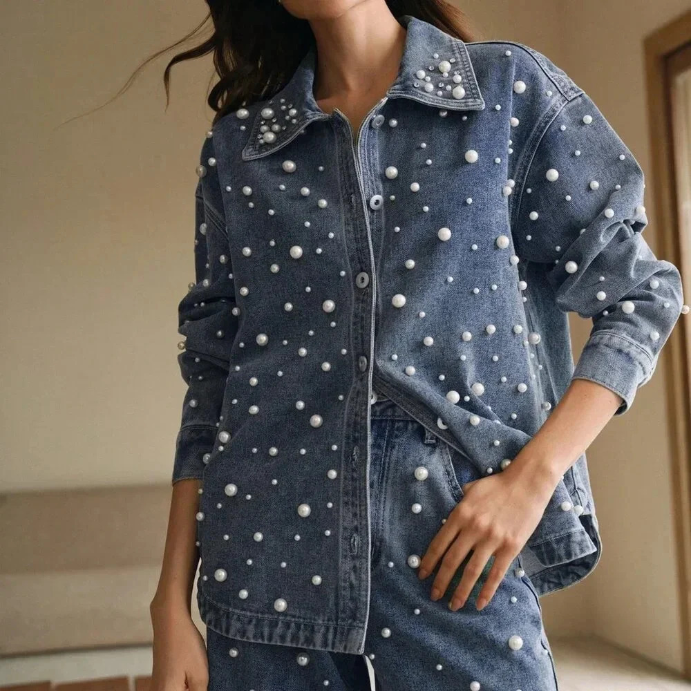 Blue Casual Women's Pearl and Rhinestone Decorated Button-Up Long Denim Blouse